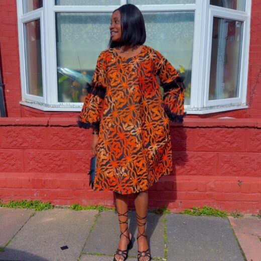 Ember Bloom Feather-Sleeve Mini Dress