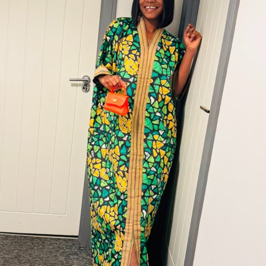 Gold-Trim Kimono Maxi Dress