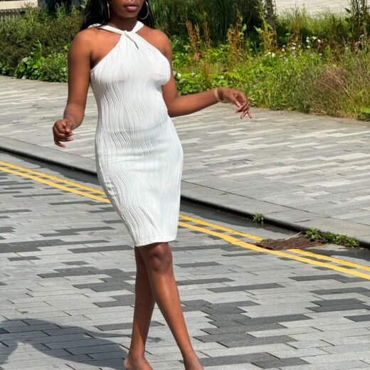 Ivory Ribbed Halter Midi Dress