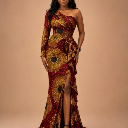 Maroon Gold One-Shoulder Slit Maxi Dress