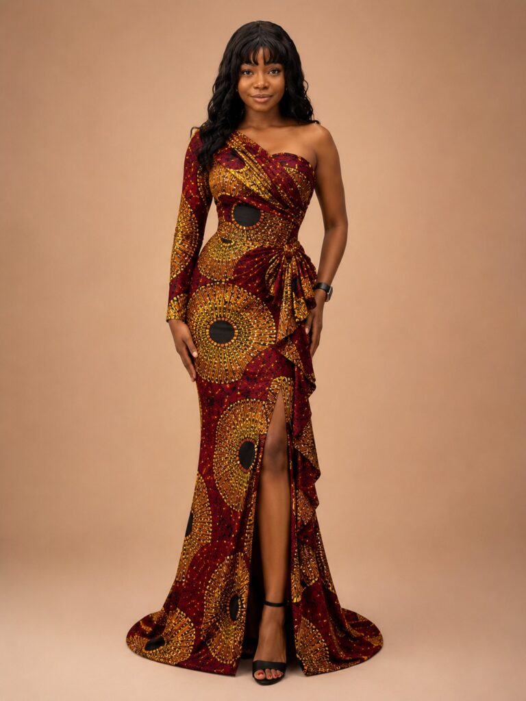 Maroon Gold One-Shoulder Slit Maxi Dress